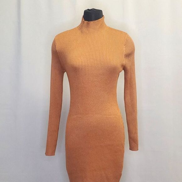 Hooked Up Camel Turtle Neck Canale Knit Pencil Dress Long Sleeves Size L - Picture 3 of 8
